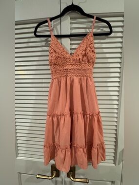 Peach Crochet Bust Tiered Midi Dress with Adjustable Straps